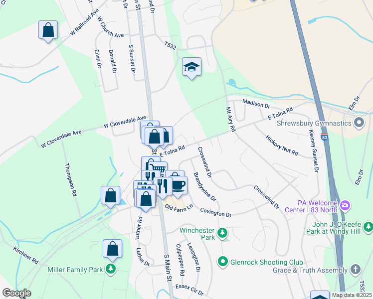map of restaurants, bars, coffee shops, grocery stores, and more near 30 East Tolna Road in Shrewsbury