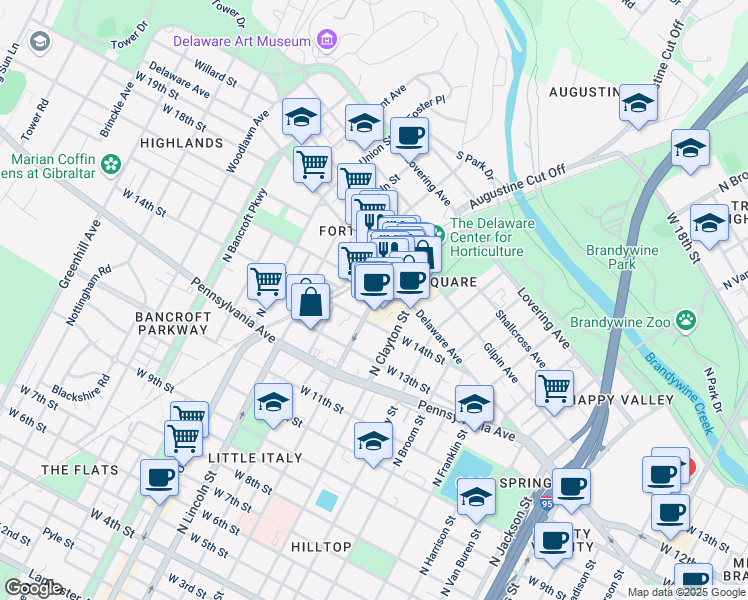 map of restaurants, bars, coffee shops, grocery stores, and more near 1499 North Dupont Street in Wilmington