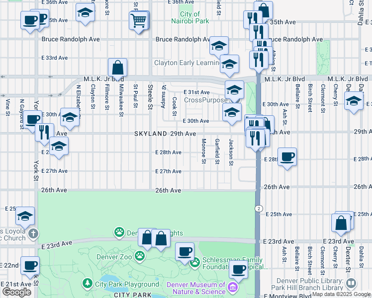 map of restaurants, bars, coffee shops, grocery stores, and more near 2828 Cook Street in Denver