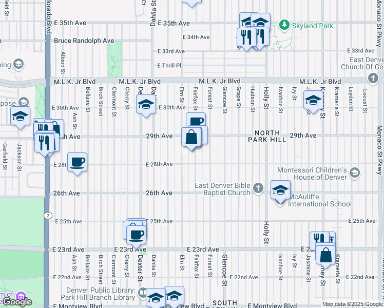 map of restaurants, bars, coffee shops, grocery stores, and more near 2823 Fairfax Street in Denver