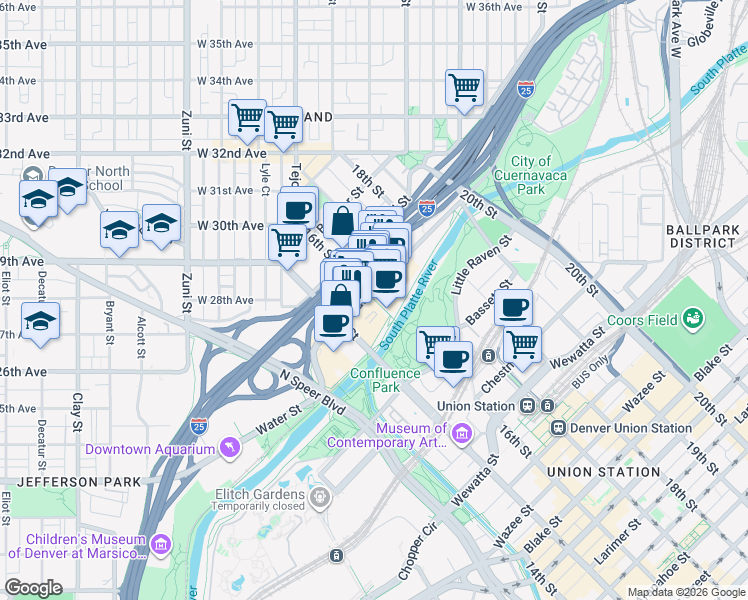 map of restaurants, bars, coffee shops, grocery stores, and more near Highland Bridge in Denver