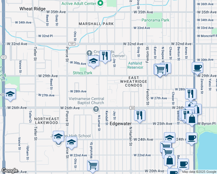 map of restaurants, bars, coffee shops, grocery stores, and more near 2816 Kendall Street in Denver