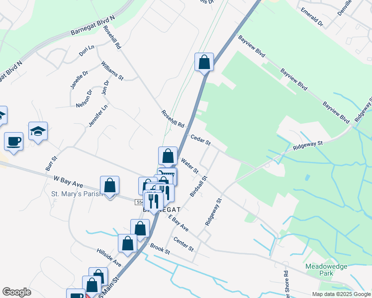 map of restaurants, bars, coffee shops, grocery stores, and more near 408 North Main Street in Barnegat Township