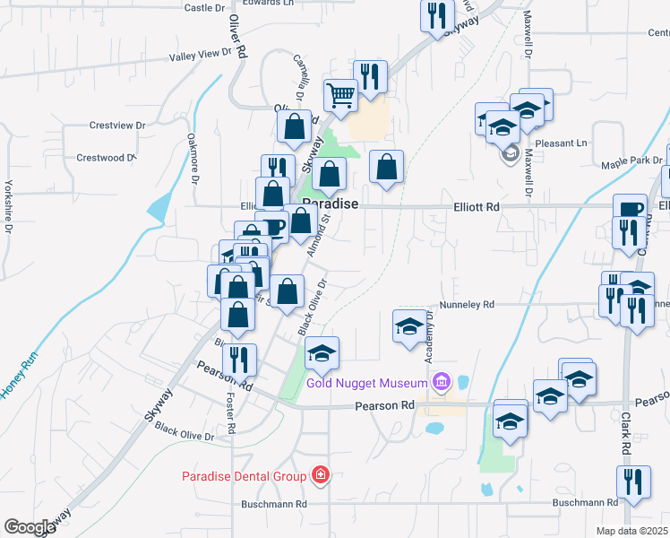 map of restaurants, bars, coffee shops, grocery stores, and more near 759 Willow Street in Paradise