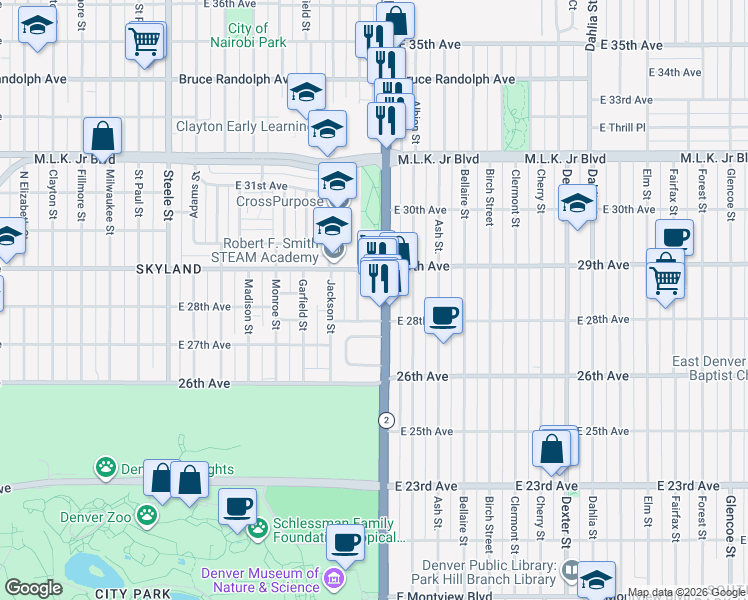 map of restaurants, bars, coffee shops, grocery stores, and more near 2850 Harrison Street in Denver