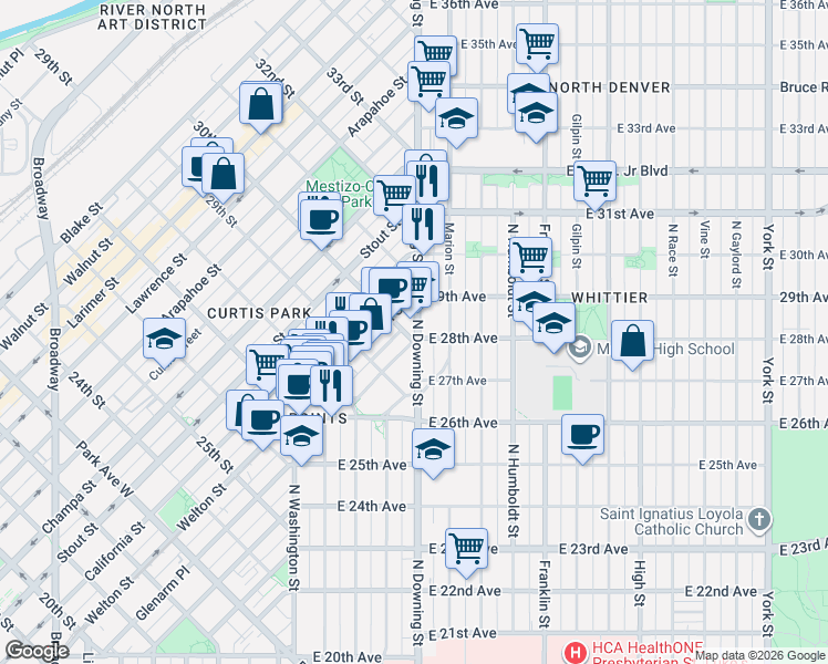 map of restaurants, bars, coffee shops, grocery stores, and more near 2844 North Downing Street in Denver