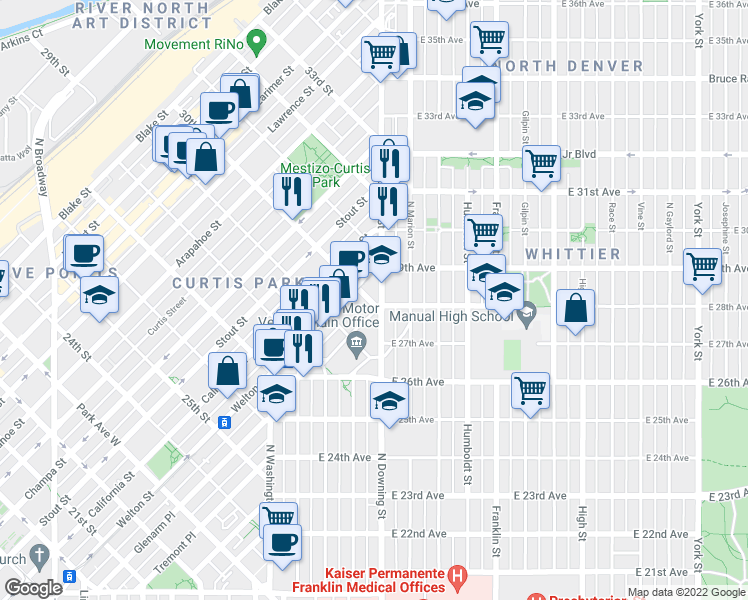 map of restaurants, bars, coffee shops, grocery stores, and more near 2844 North Downing Street in Denver
