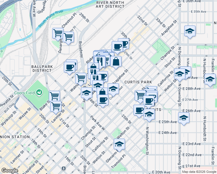 map of restaurants, bars, coffee shops, grocery stores, and more near 1101 26th Street in Denver