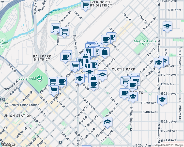 map of restaurants, bars, coffee shops, grocery stores, and more near 2533 Lawrence Street in Denver
