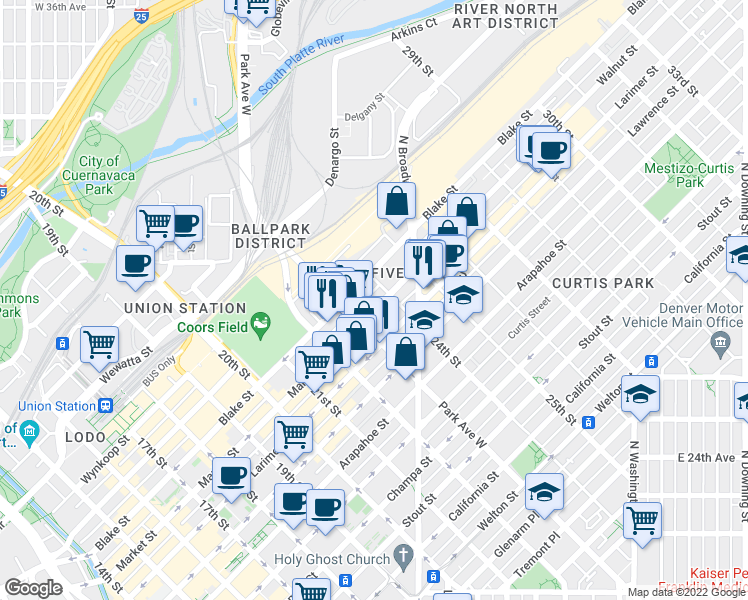 map of restaurants, bars, coffee shops, grocery stores, and more near 2340 Blake Street in Denver