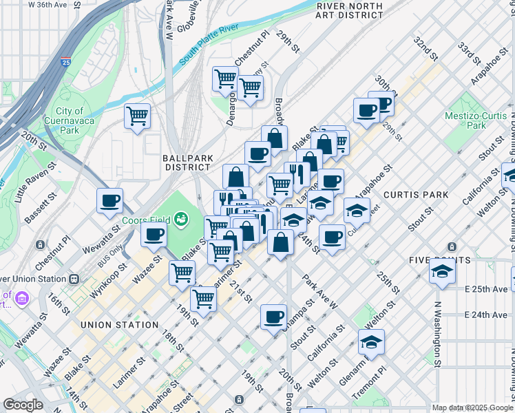 map of restaurants, bars, coffee shops, grocery stores, and more near 2340 Blake Street in Denver