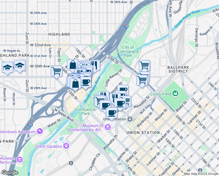 map of restaurants, bars, coffee shops, grocery stores, and more near 2101 15th Street in Denver