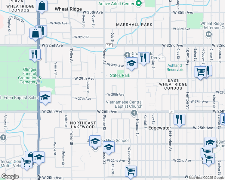 map of restaurants, bars, coffee shops, grocery stores, and more near 2835 Newland Court in Wheat Ridge