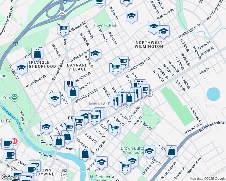 map of restaurants, bars, coffee shops, grocery stores, and more near 207 West 28th Street in Wilmington