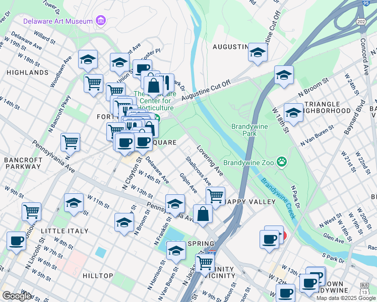 map of restaurants, bars, coffee shops, grocery stores, and more near 1706 North Rodney Street in Wilmington