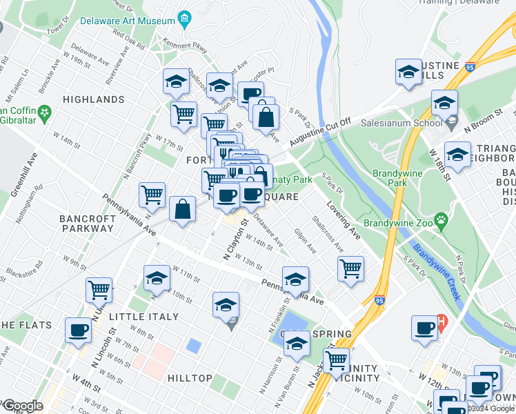 map of restaurants, bars, coffee shops, grocery stores, and more near in Wilmington