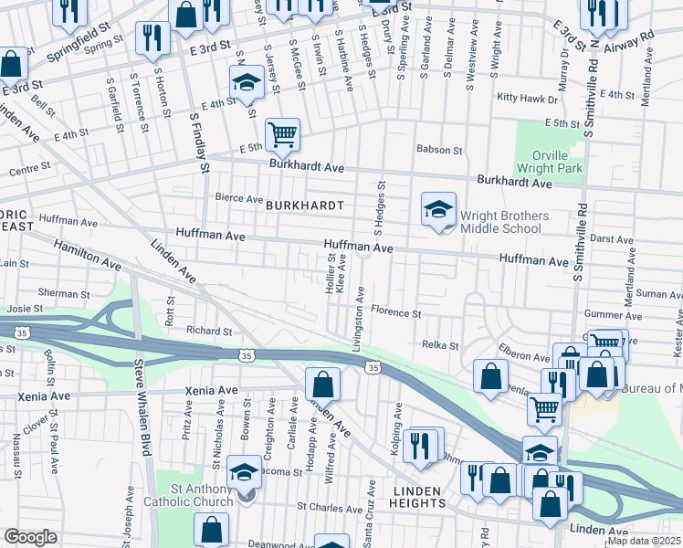 map of restaurants, bars, coffee shops, grocery stores, and more near 27 Hollier Street in Dayton