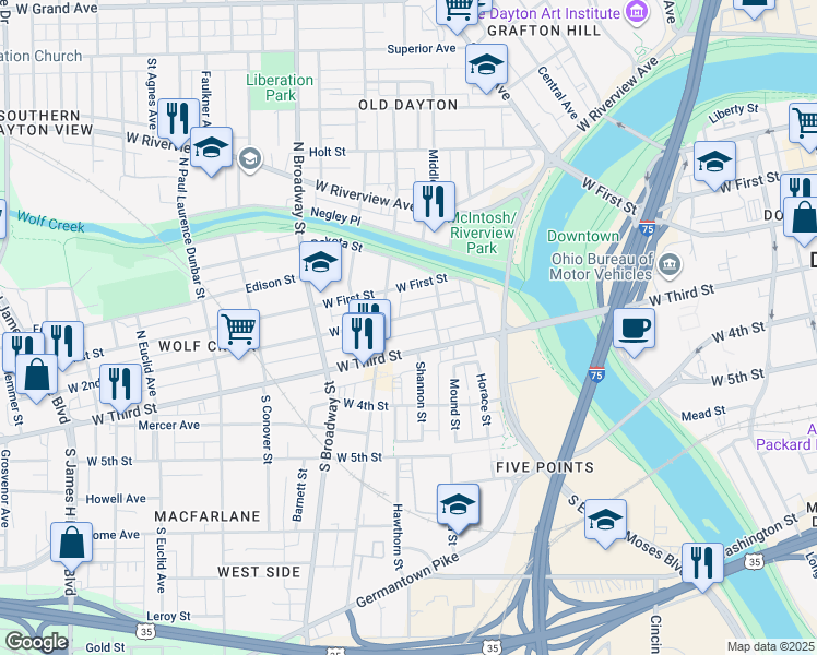map of restaurants, bars, coffee shops, grocery stores, and more near in Dayton