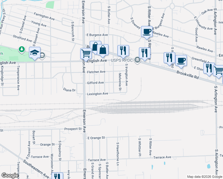 map of restaurants, bars, coffee shops, grocery stores, and more near 714 South Butler Avenue in Indianapolis