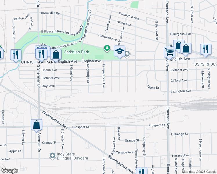 map of restaurants, bars, coffee shops, grocery stores, and more near 727 South Drexel Avenue in Indianapolis