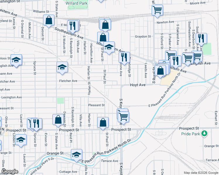 map of restaurants, bars, coffee shops, grocery stores, and more near 2336 Hoyt Avenue in Indianapolis