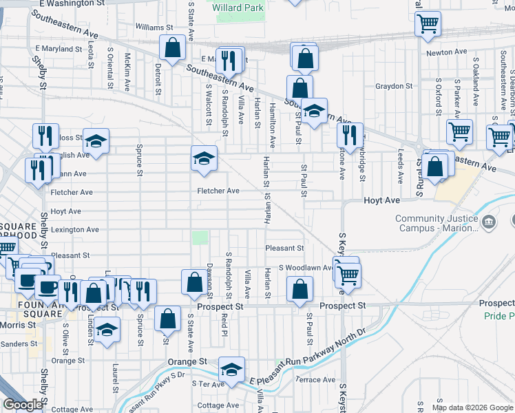 map of restaurants, bars, coffee shops, grocery stores, and more near 1934 Hoyt Avenue in Indianapolis