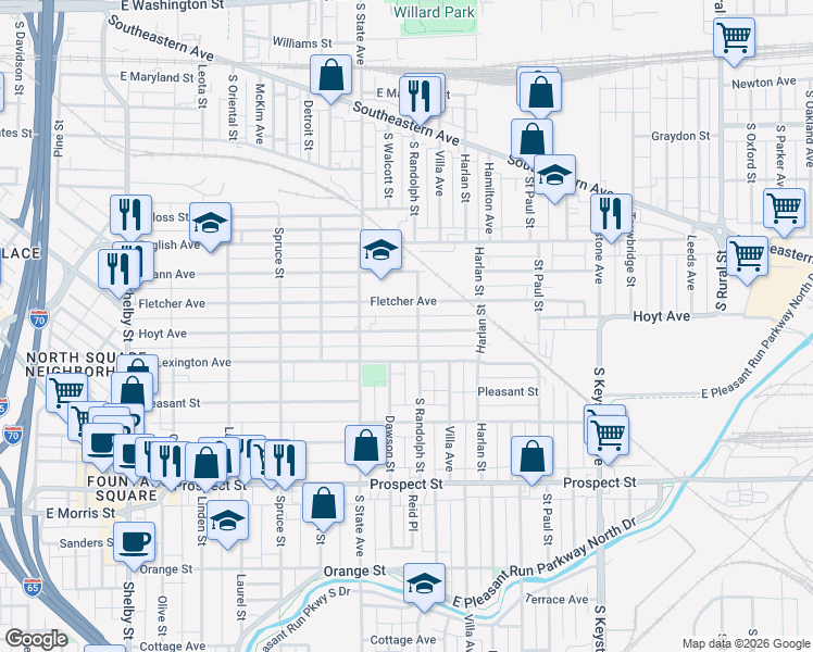 map of restaurants, bars, coffee shops, grocery stores, and more near 1835 Fletcher Avenue in Indianapolis