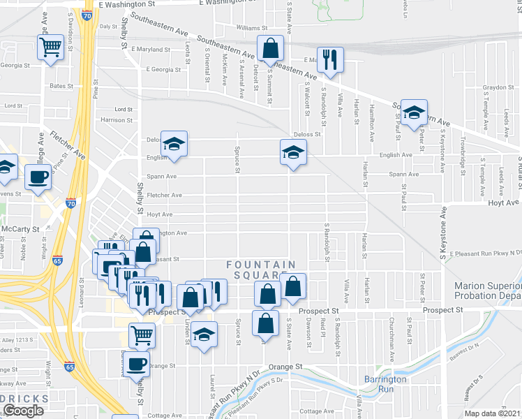 map of restaurants, bars, coffee shops, grocery stores, and more near 1521 Fletcher Avenue in Indianapolis
