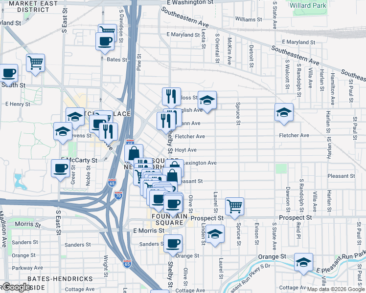 map of restaurants, bars, coffee shops, grocery stores, and more near 1123 Fletcher Avenue in Indianapolis
