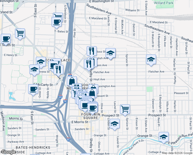 map of restaurants, bars, coffee shops, grocery stores, and more near 1123 Fletcher Avenue in Indianapolis