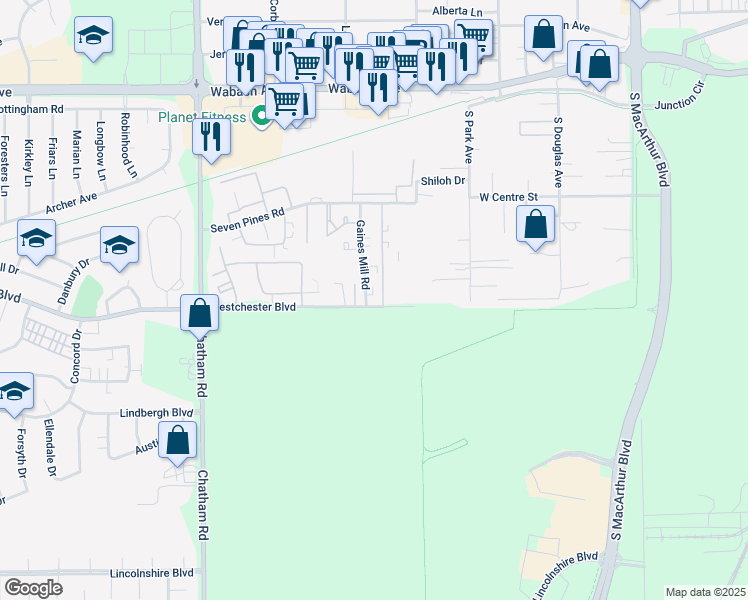 map of restaurants, bars, coffee shops, grocery stores, and more near 3450 Gaines Mill Road in Springfield