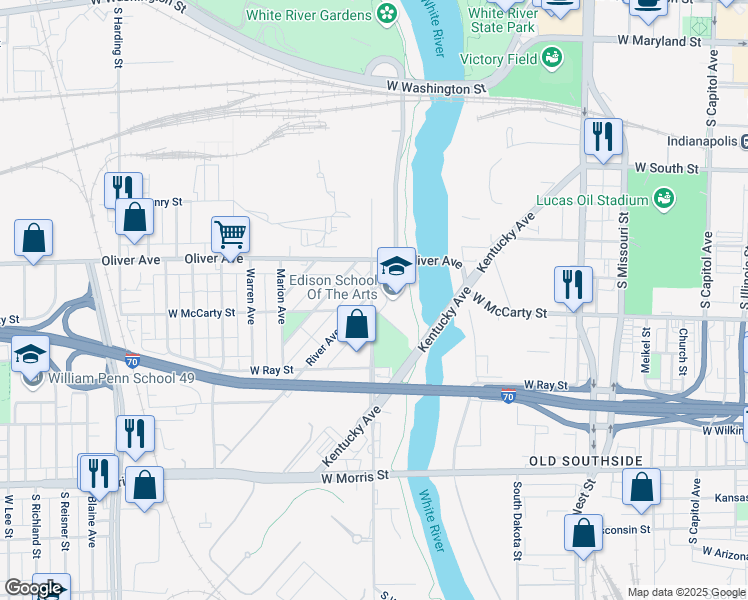 map of restaurants, bars, coffee shops, grocery stores, and more near 777 South White River Parkway West Drive in Indianapolis