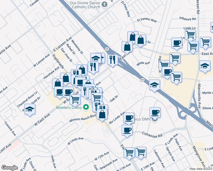 map of restaurants, bars, coffee shops, grocery stores, and more near 286 White Avenue in Chico