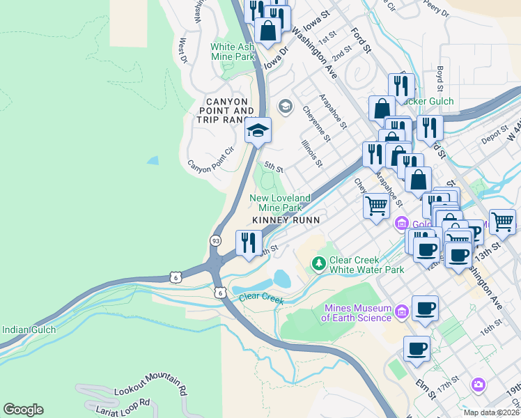 map of restaurants, bars, coffee shops, grocery stores, and more near Canyon View Drive in Golden