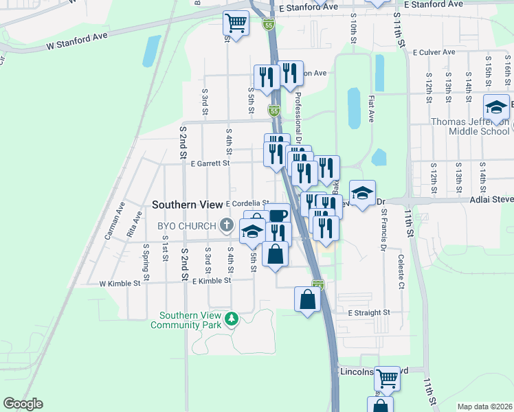 map of restaurants, bars, coffee shops, grocery stores, and more near 3200 South 5th Street in Southern View