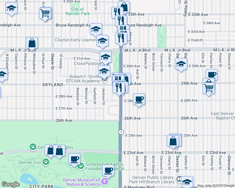 map of restaurants, bars, coffee shops, grocery stores, and more near 2850 Harrison Street in Denver