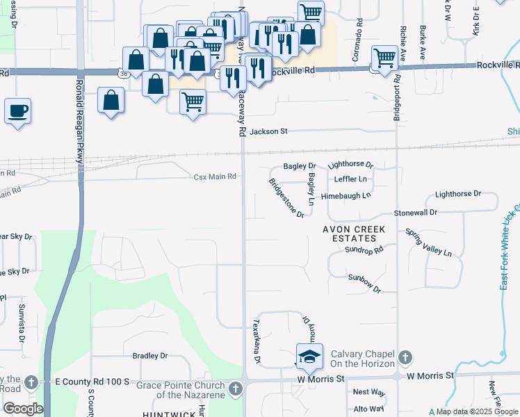 map of restaurants, bars, coffee shops, grocery stores, and more near 515 Dry Creek Circle in Indianapolis