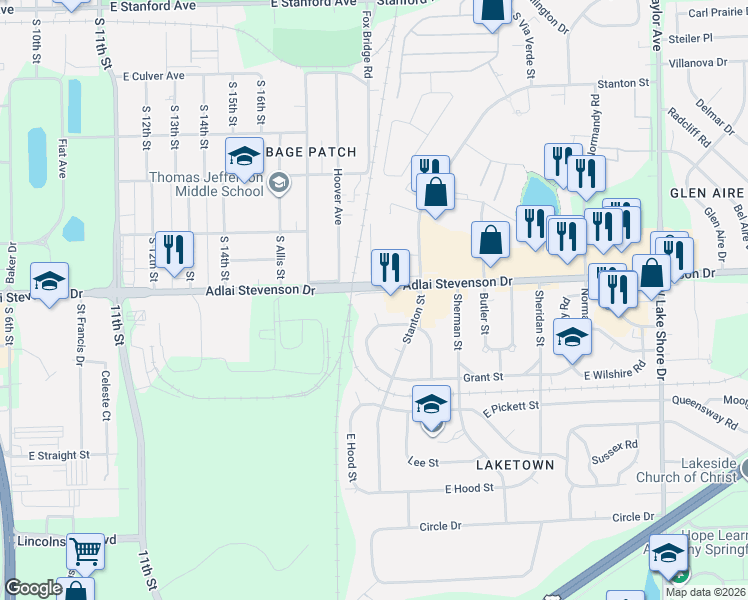 map of restaurants, bars, coffee shops, grocery stores, and more near 3245 Buckner Street in Springfield