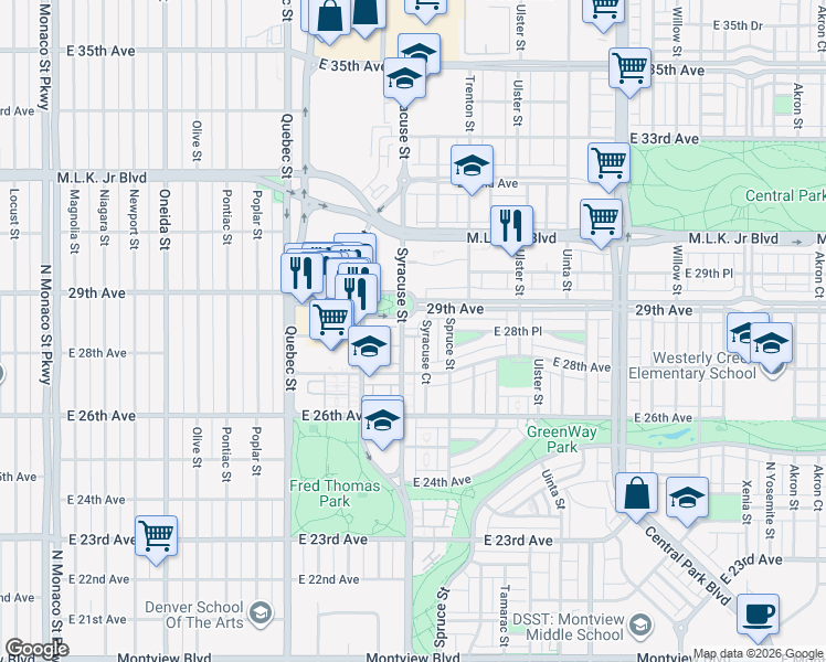 map of restaurants, bars, coffee shops, grocery stores, and more near 7719 East 28th Place in Denver