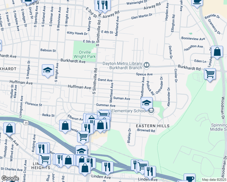 map of restaurants, bars, coffee shops, grocery stores, and more near 1706 Huffman Avenue in Dayton