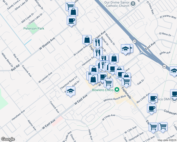map of restaurants, bars, coffee shops, grocery stores, and more near 123 Henshaw Avenue in Chico