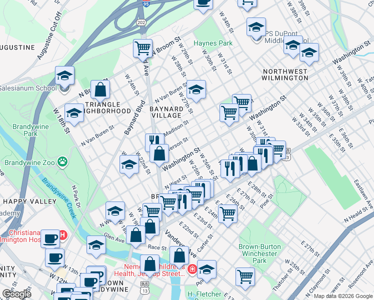 map of restaurants, bars, coffee shops, grocery stores, and more near 304 West 26th Street in Wilmington