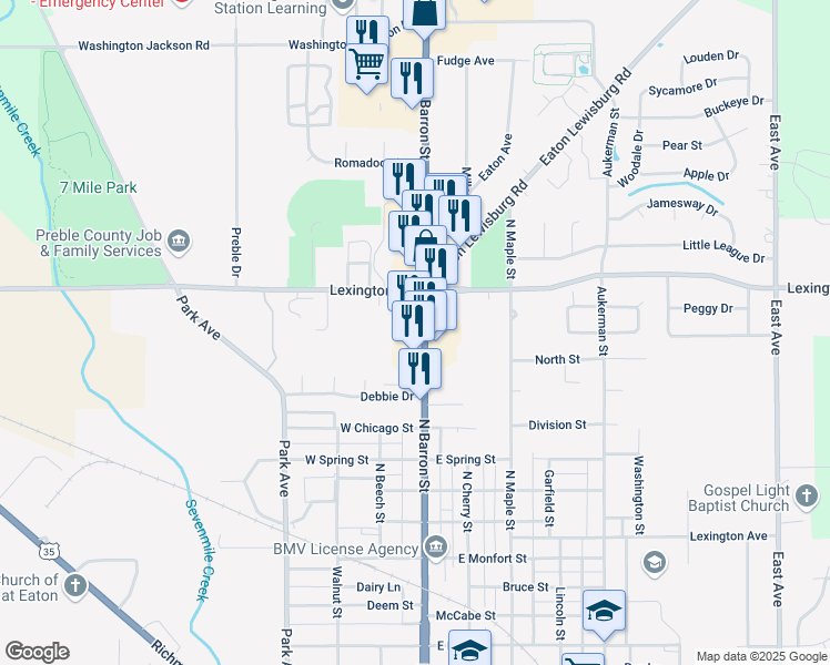 map of restaurants, bars, coffee shops, grocery stores, and more near 1159 North Barron Street in Eaton