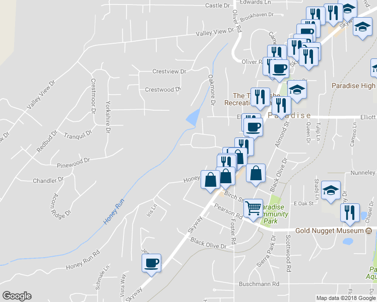 map of restaurants, bars, coffee shops, grocery stores, and more near 552 Boquest Boulevard in Paradise