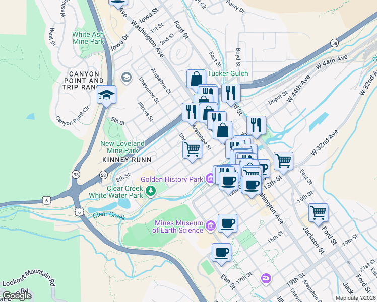 map of restaurants, bars, coffee shops, grocery stores, and more near 826 Cheyenne Street in Golden