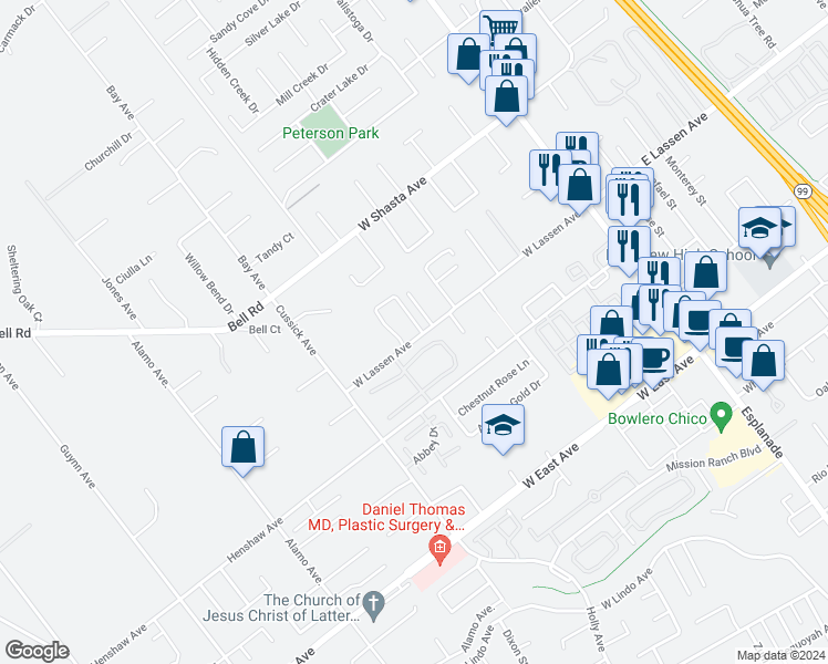 map of restaurants, bars, coffee shops, grocery stores, and more near 10 Cinder Cone Loop in Chico