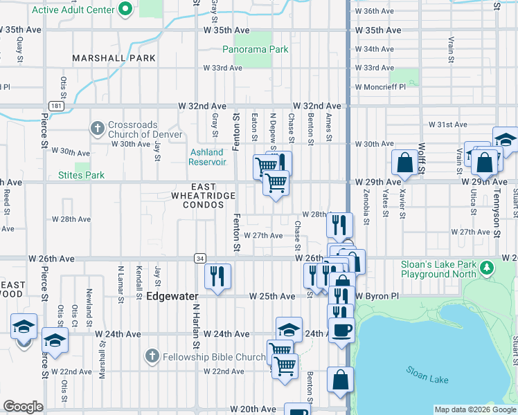 map of restaurants, bars, coffee shops, grocery stores, and more near 2845 Depew Street in Wheat Ridge