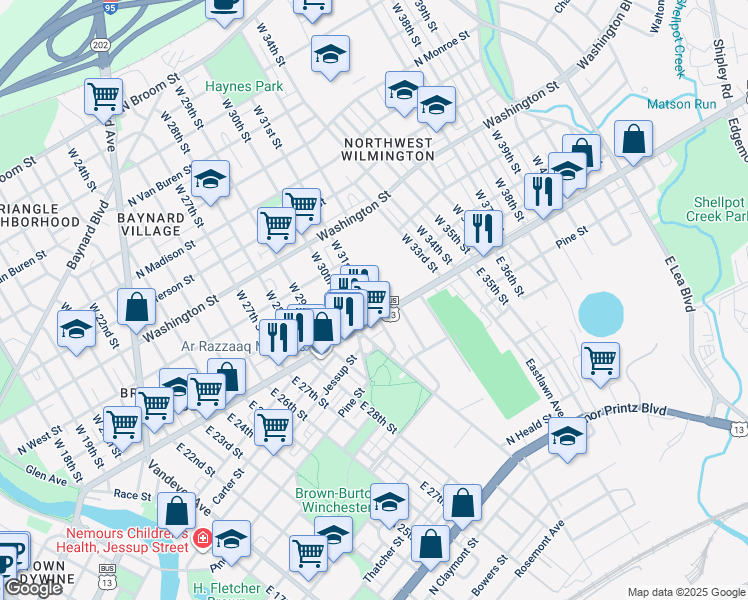 map of restaurants, bars, coffee shops, grocery stores, and more near 3101 North Market Street in Wilmington