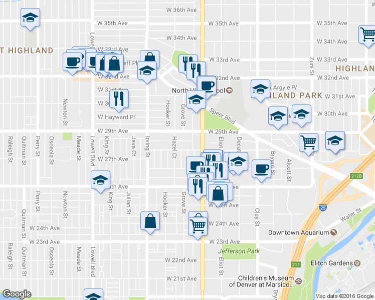 map of restaurants, bars, coffee shops, grocery stores, and more near Grove Street & West 28th Avenue in Denver