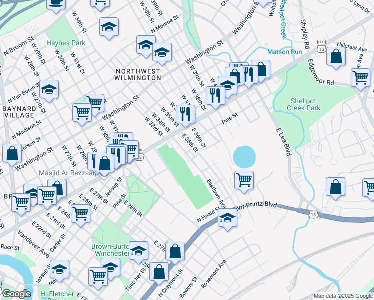 map of restaurants, bars, coffee shops, grocery stores, and more near 101 Eastlawn Avenue in Wilmington
